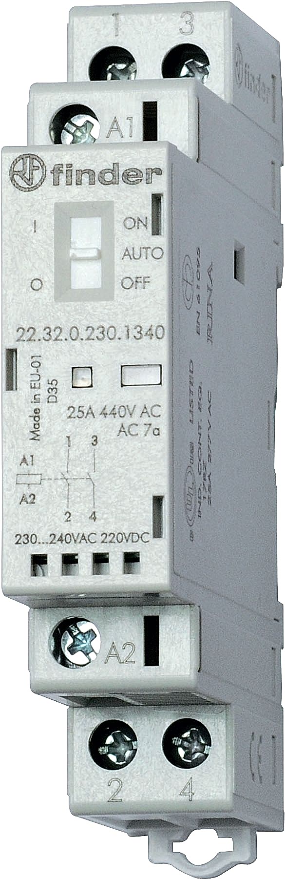 Изображение Finder Модульный контактор; 2NC 25А; контакты AgSnO2; катушка 230В АС/DC; ширина 17.5мм; степень защиты IP20; опции: переключатель Авто-Вкл-Выкл + мех