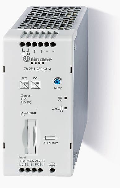Изображение Finder Импульсный источник питания; вход 110...250В AC/DC; выход 24В DC, 240Вт; Компенсация реактивной мощности; ширина 60мм; опция: доп.контакт Предт