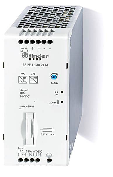 Изображение Finder Импульсный источник питания; вход 110...250В AC/DC; выход 24В DC, 240Вт; Компенсация реактивной мощности; ширина 60мм; опция: доп.контакт Предт