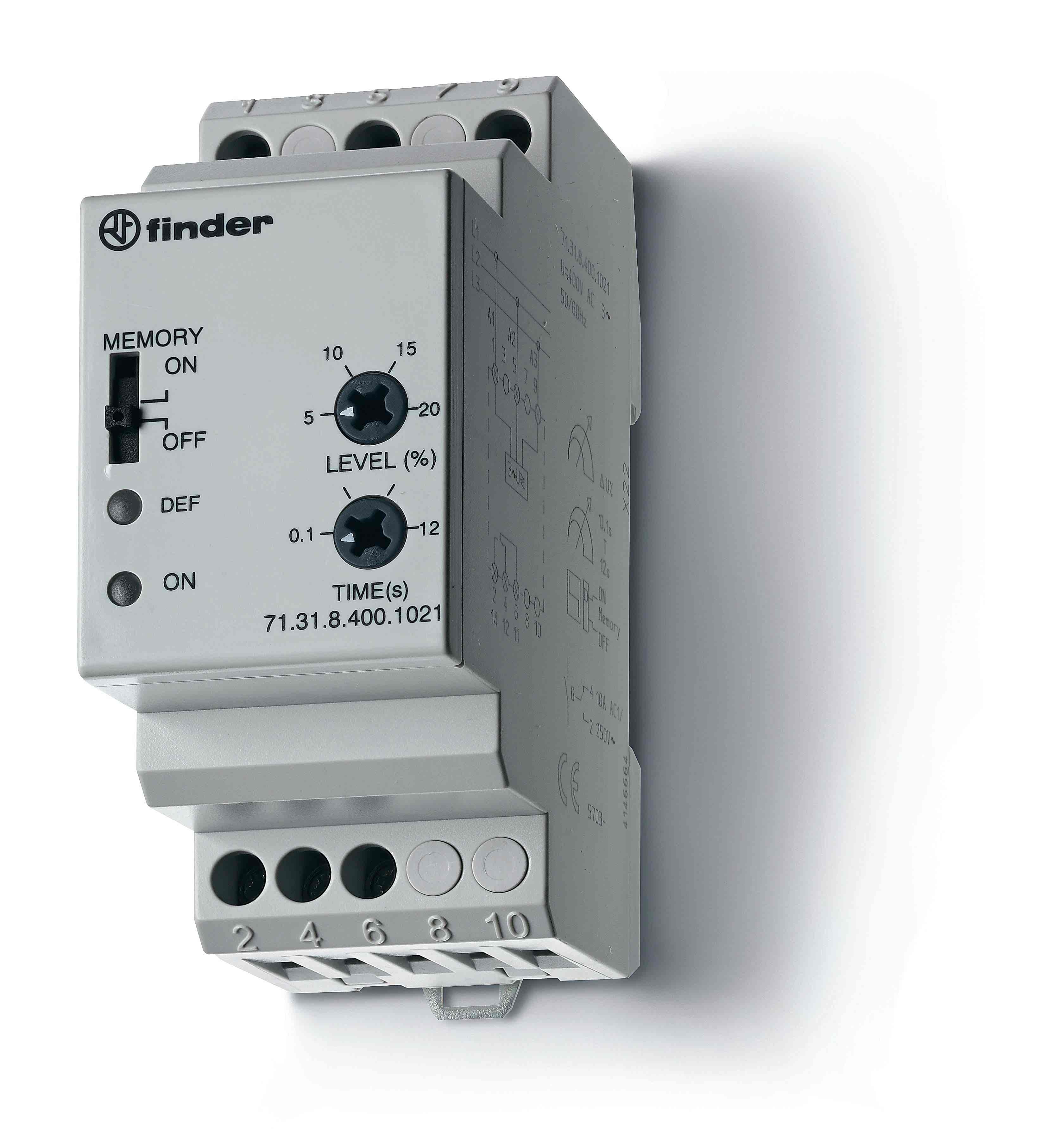 Изображение Finder Контрольное реле для 3-фазных сетей; пониженное/повышенное напряжение; настраиваемые диапазоны; память отказов; выход 1CO 10А; модульное, ширин