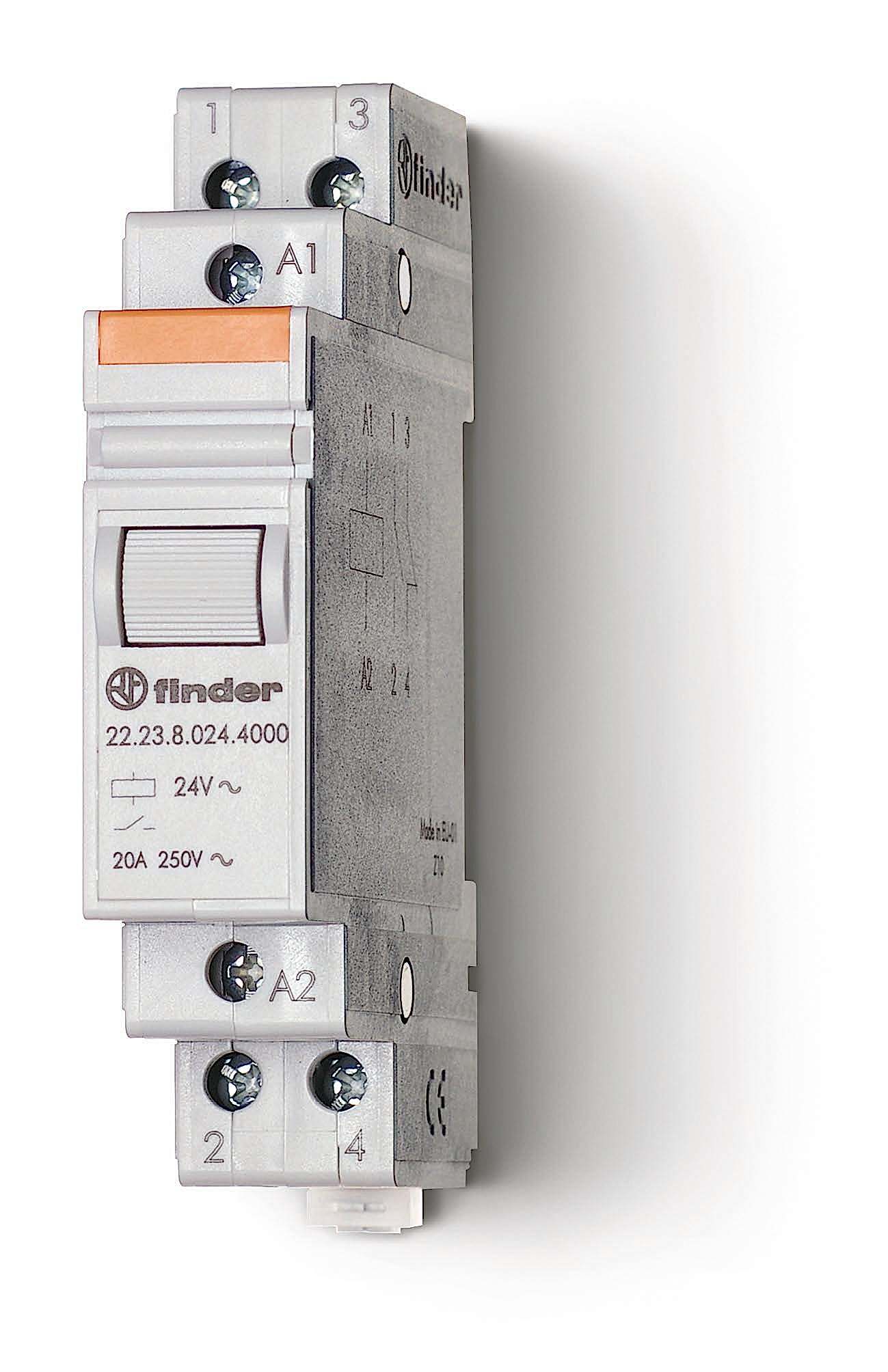 Изображение Finder Модульный контактор; 1NO+1NC 20А; контакты AgSnO2; катушка 24В DС; ширина 17.5мм; степень защиты IP20; опции: нет; упаковка 1шт.