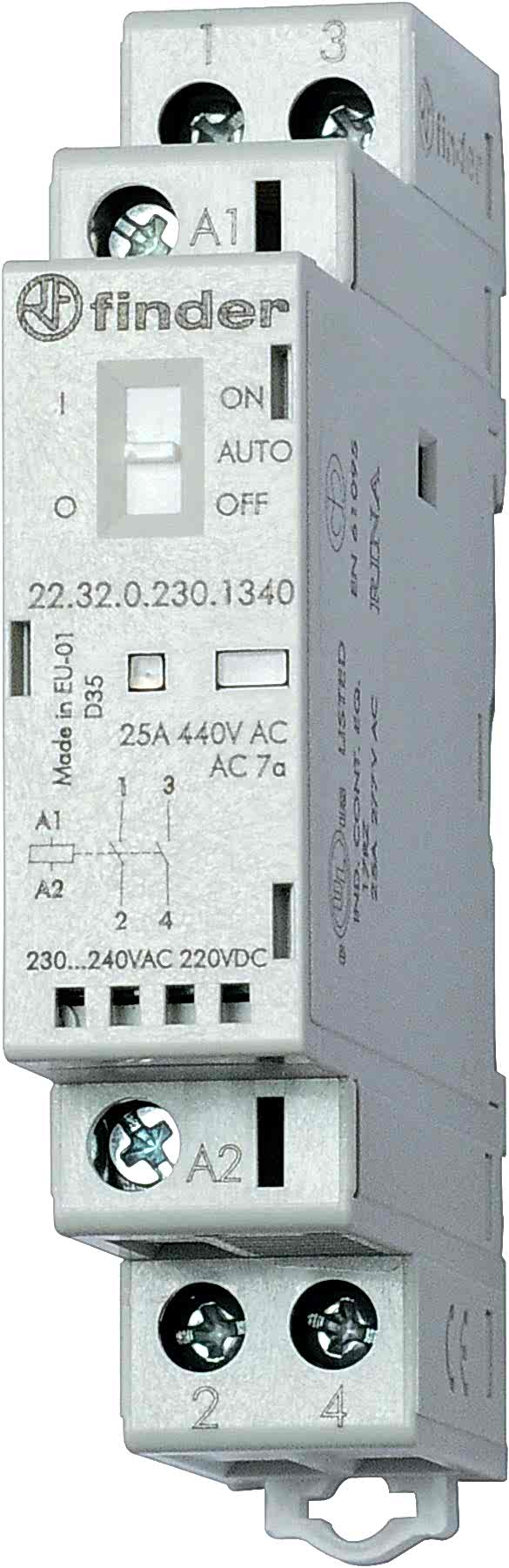 Изображение Finder Модульный контактор; 2NO 25А; контакты AgSnO2; катушка 24В АС/DC; ширина 17.5мм; степень защиты IP20; опции: мех.индикатор + LED; упаковка 1шт.