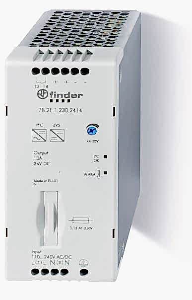 Изображение Finder Импульсный источник питания; вход 110...250В AC/DC; выход 24В DC, 240Вт; Компенсация реактивной мощности; ширина 60мм; степень защиты IP20;  уп