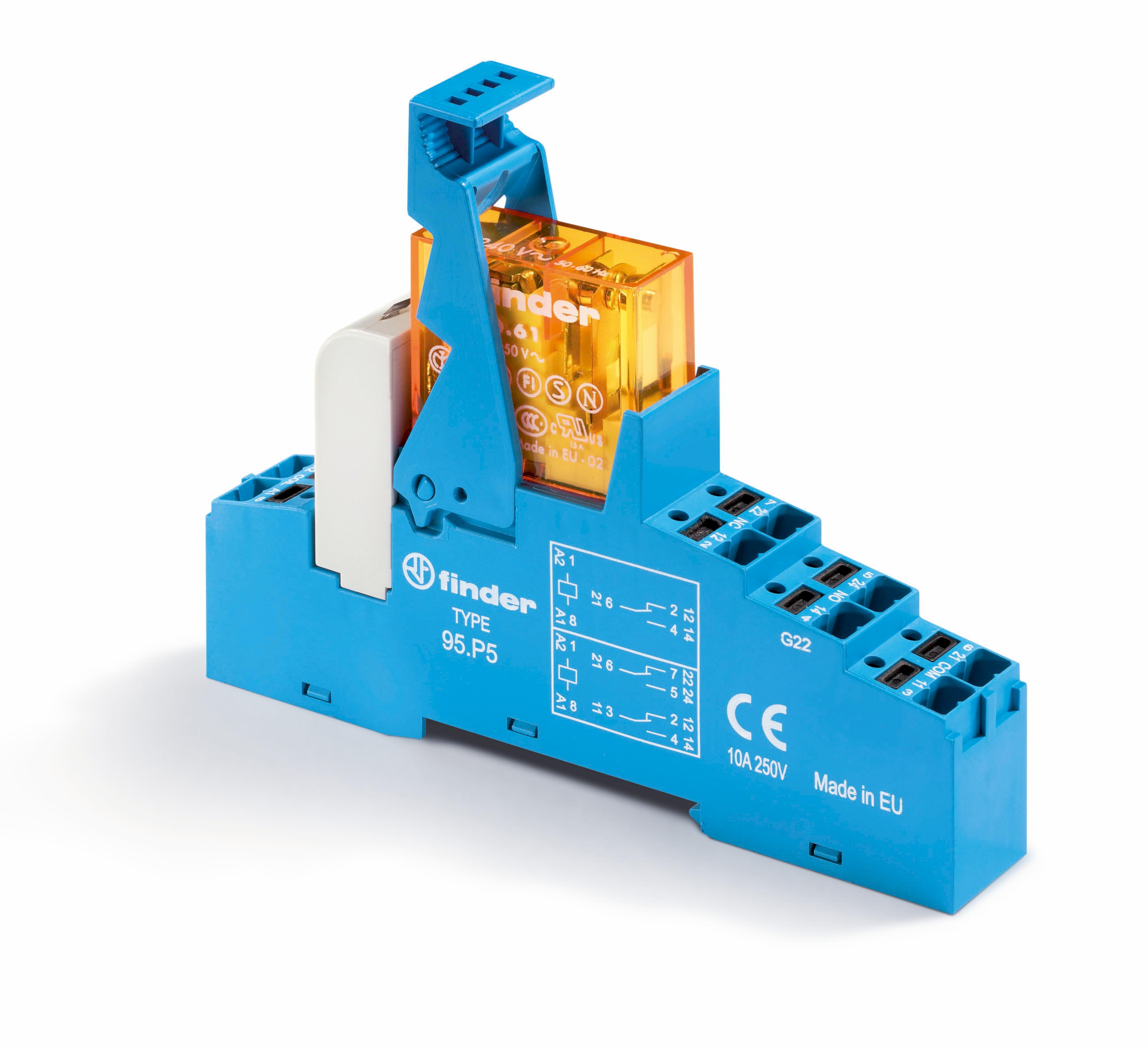 Изображение Finder Интерфейсный модуль (сборка 40.61.8.230.0000 + 99.02.0.230.98 + 95.P5SPA), электромеханическое реле; 1CO 16A; контакты AgCdO; питание 230В AC;