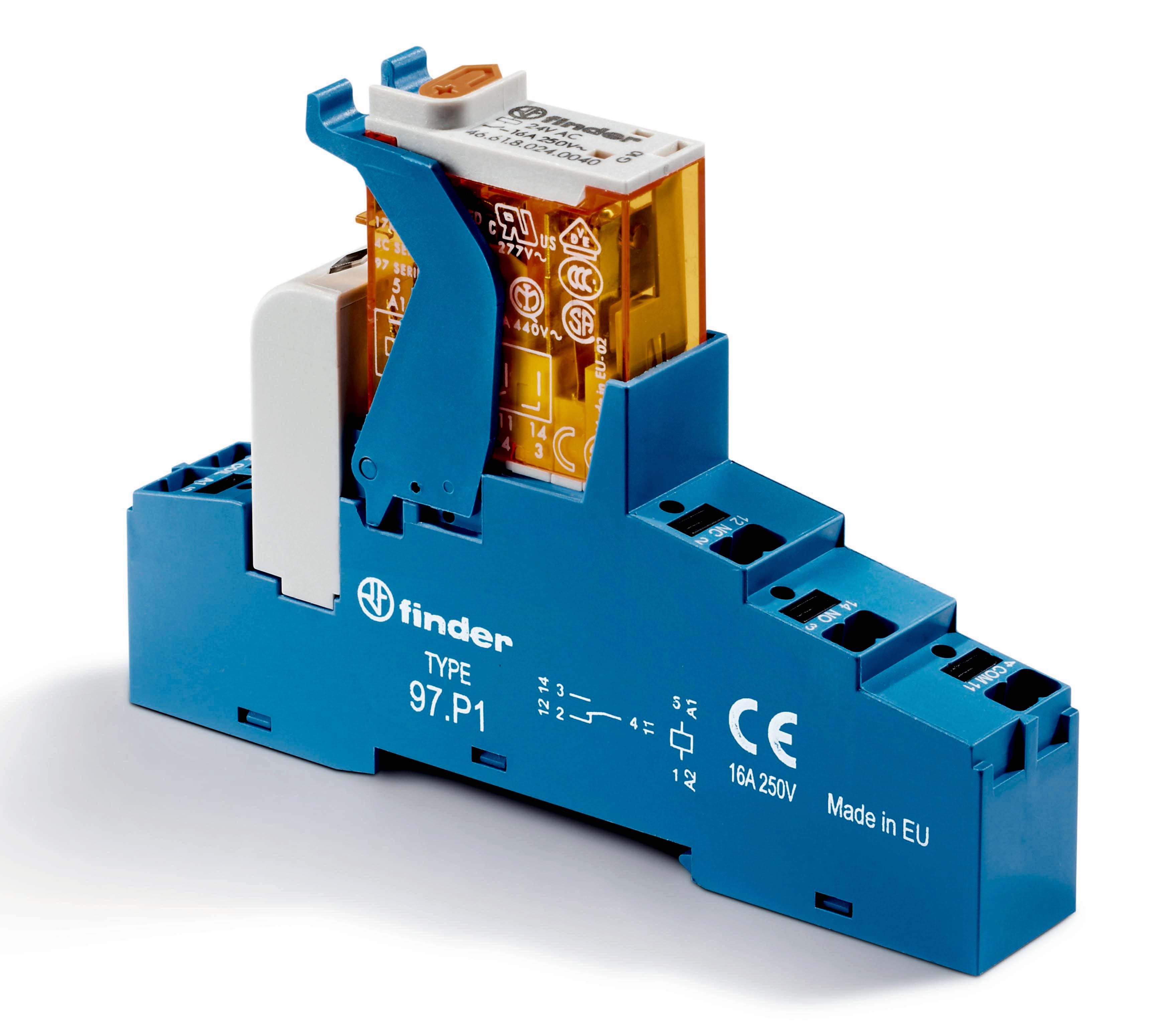 Изображение Finder Интерфейсный модуль (сборка 46.61.8.110.0040 + 99.02.0.230.98 + 97.P1SPA), электромеханическое реле; 1CO 16A; контакты AgNi; питание 230В AC; к