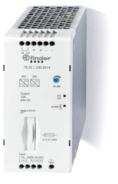 Изображение Finder Импульсный источник питания; вход 110...250В AC/DC; выход 24В DC, 240Вт; Компенсация реактивной мощности; ширина 60мм; степень защиты IP20