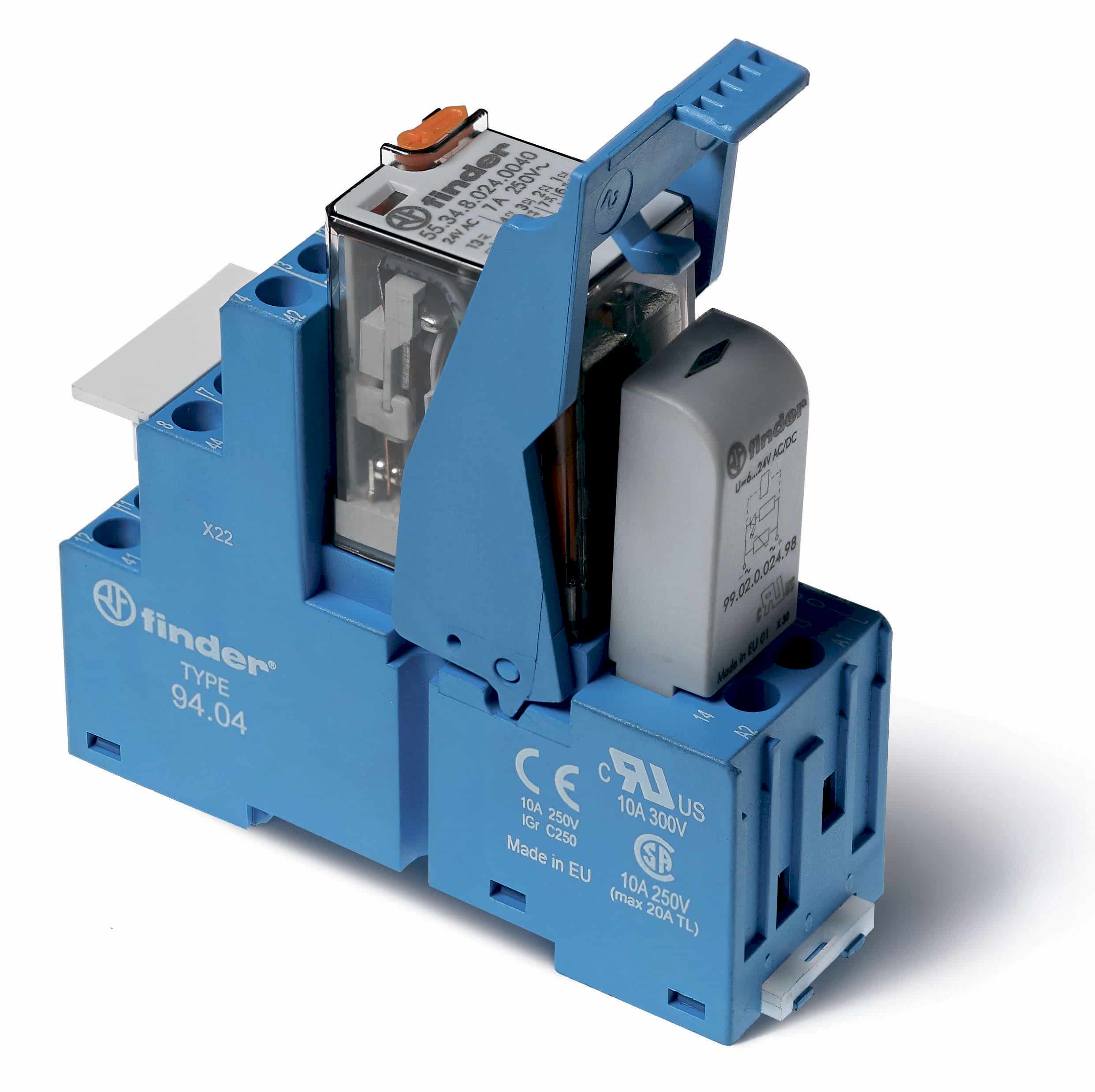 Изображение Finder Интерфейсный модуль (сборка 55.34.8.120.0040 + 99.02.0.230.98 + 94.04SPA), электромеханическое реле; 4CO 7A; контакты AgNi; питание 120В AC; ка