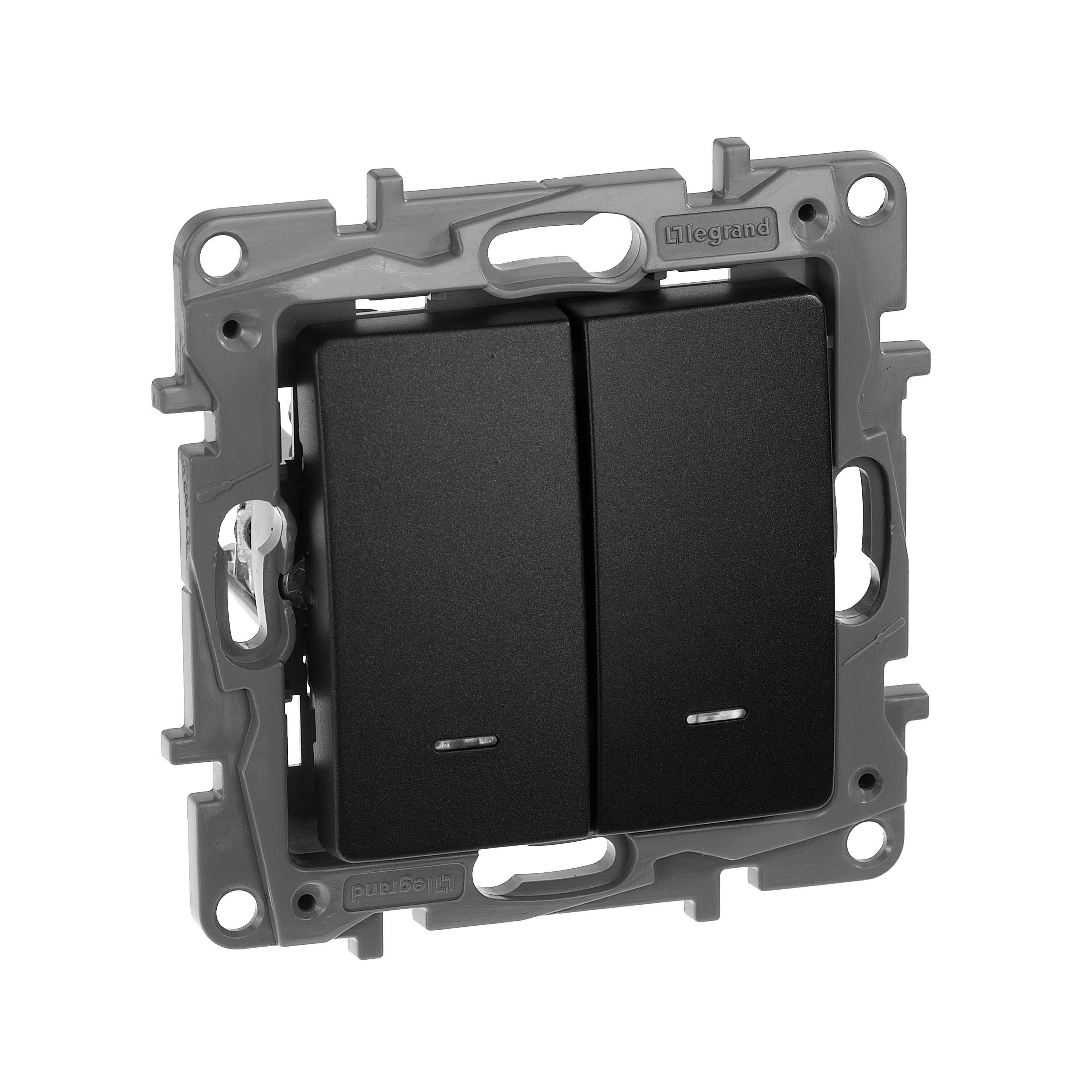 Изображение Переключатель 2-клавишный Legrand Etika Антрацит с подсветкой, 10А, авт. клем (арт.672616)