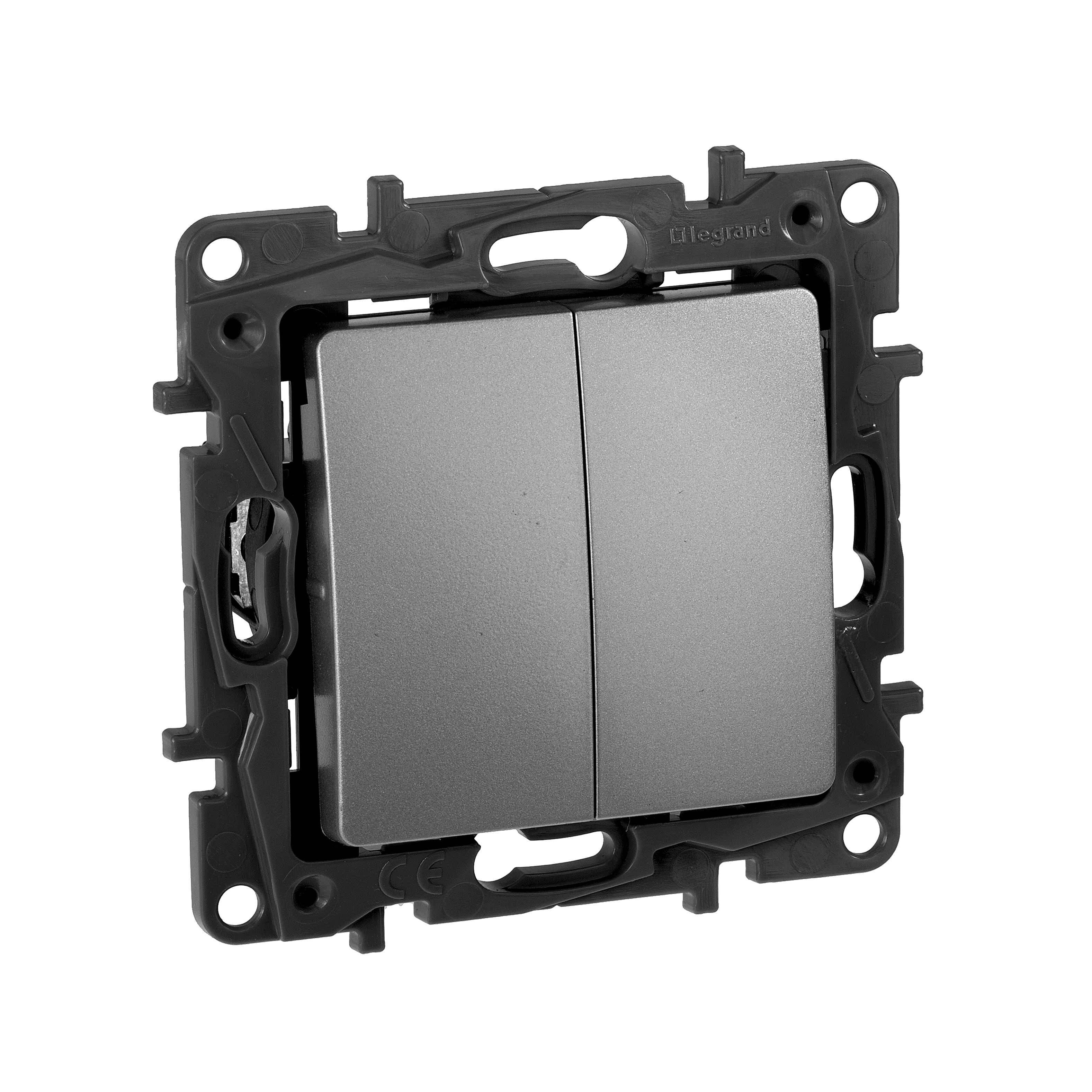 Изображение Переключатель Legrand Etika алюминий, 2-клавишный, 10А, автоматические клеммы (арт.672412)