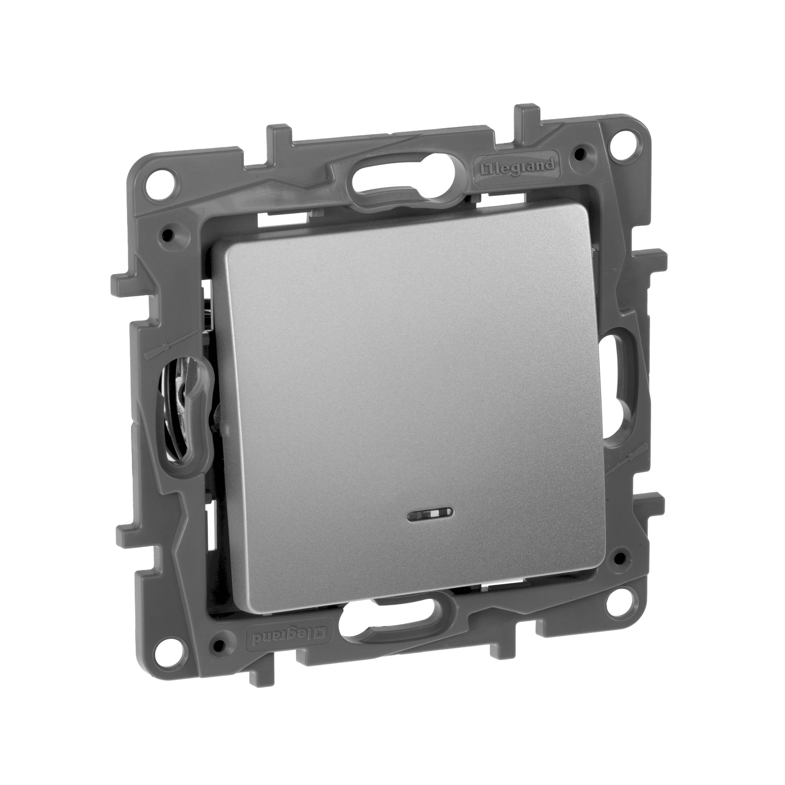 Изображение Переключатель Legrand Etika алюминий с подсветкой, 10А, автоматические клеммы (арт.672415)