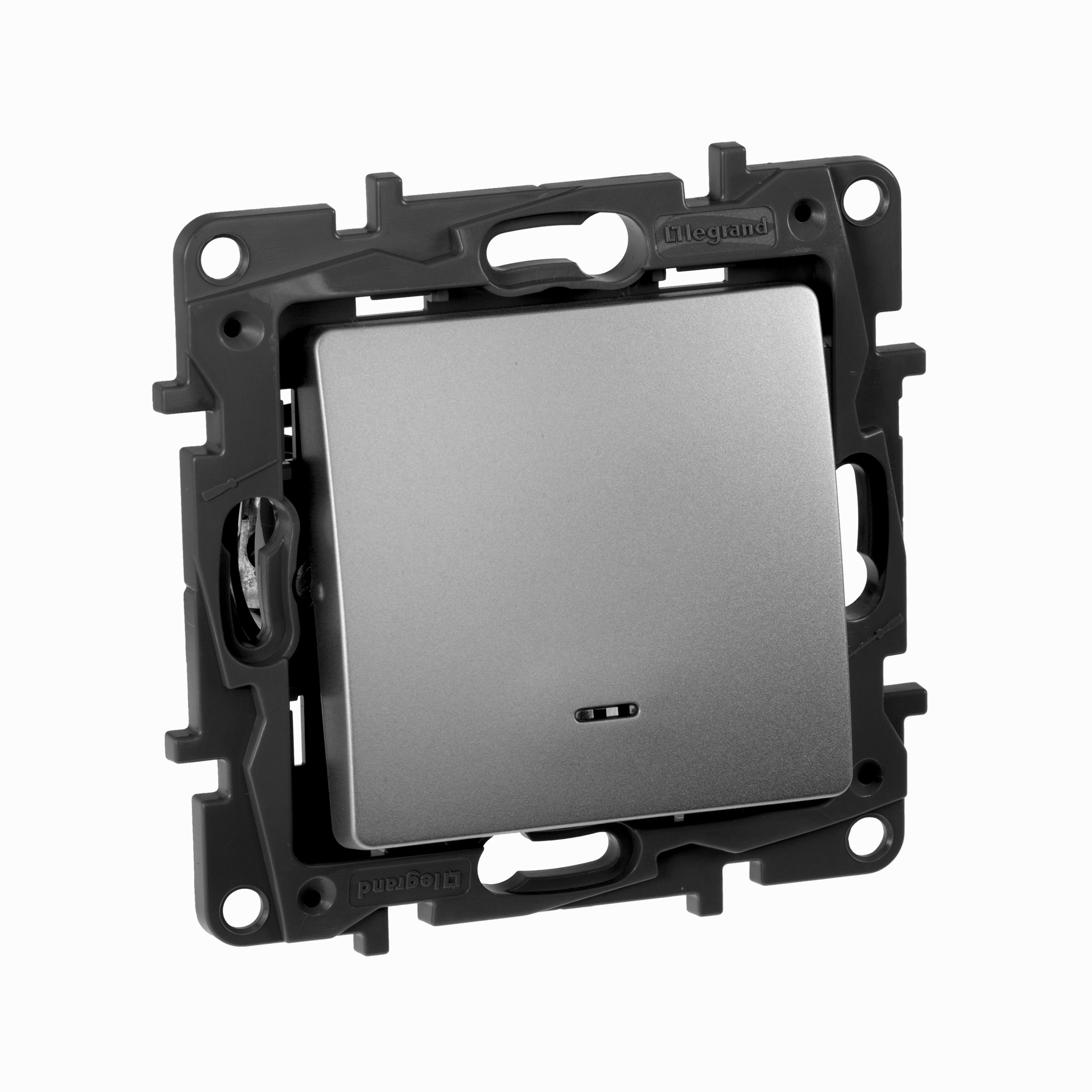 Изображение Выключатель Legrand Etika алюминий  1-клавишный с подсветкой/индикацией, автоматические клеммы, 10 AX, 250 В (арт.672403)