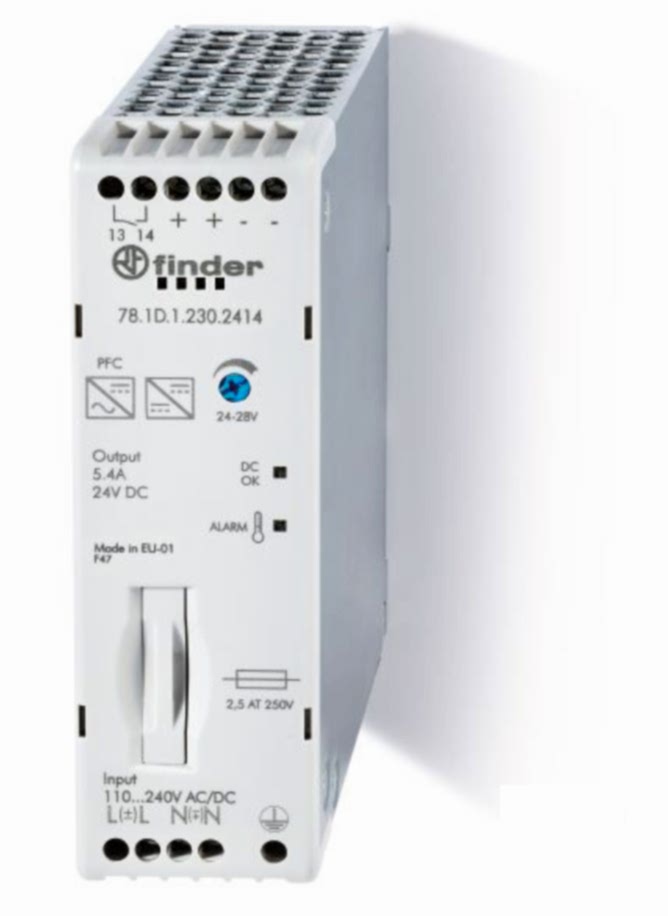 Изображение Finder Импульсный источник питания; вход 110...250В AC/DC; выход 24В DC, 130Вт; Компенсация реактивной мощности; ширина 30мм; степень защиты IP20