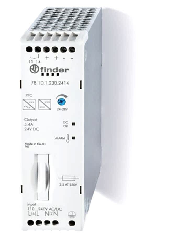 Изображение Finder Импульсный источник питания; вход 110...250В AC/DC; выход 24В DC, 130Вт; Компенсация реактивной мощности; ширина 30мм; степень защиты IP20; упа