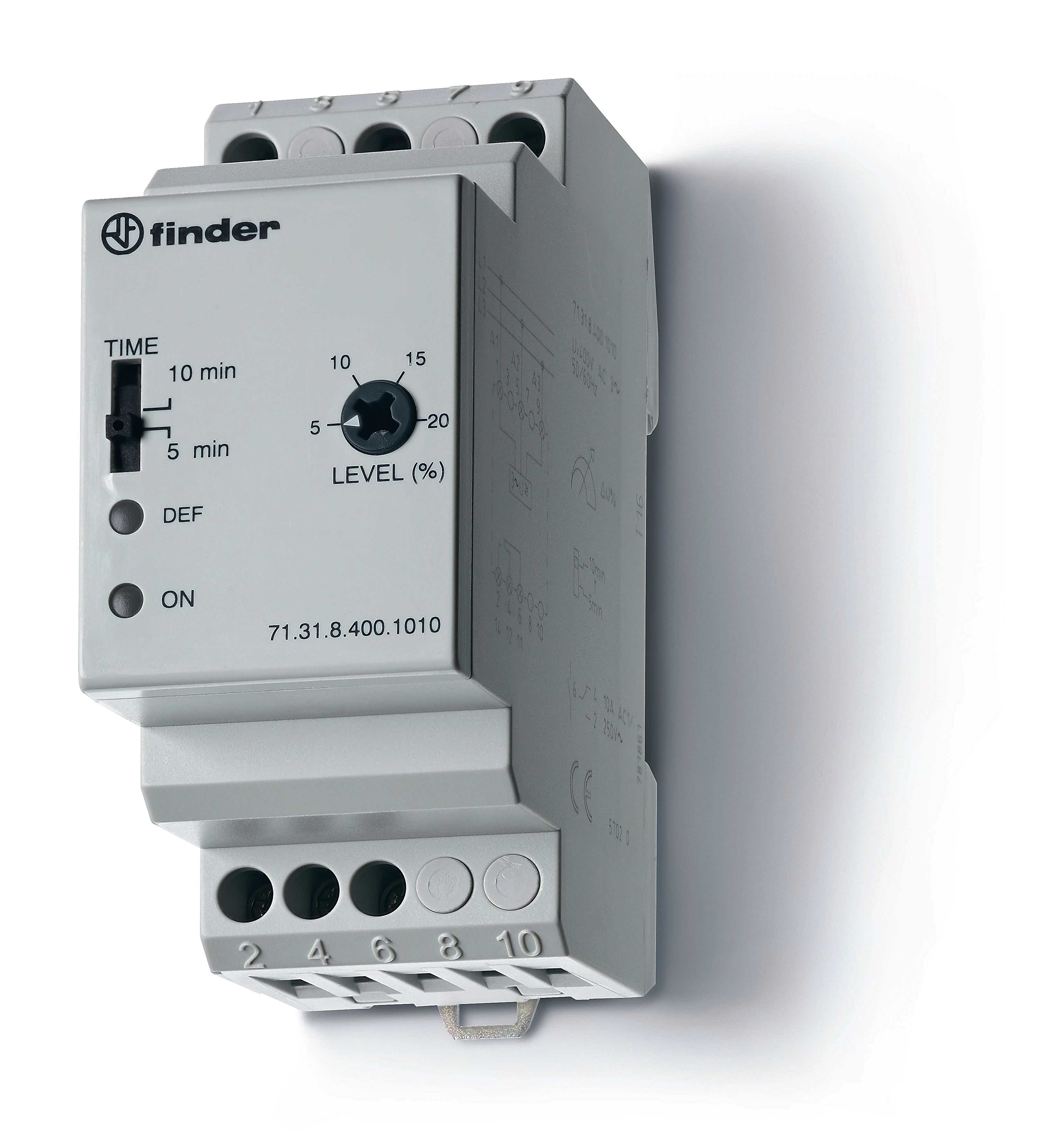 Изображение Finder Контрольное реле для 3-фазных сетей; пониженное/повышенное напряжение; настраиваемые симметричные диапазоны; выход 1CO 10А; модульное, ширина 3