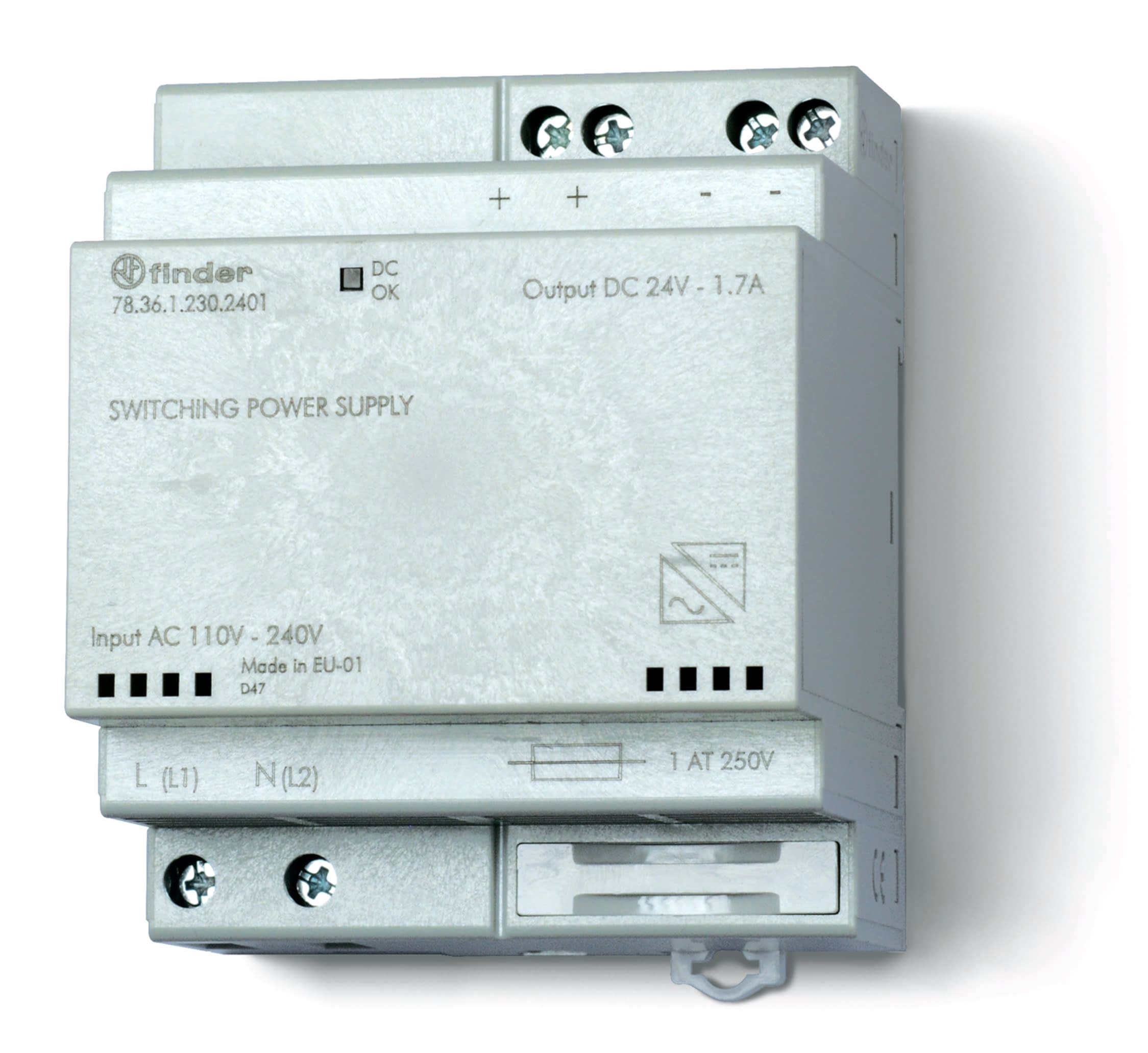 Изображение Finder Импульсный источник питания; вход 110...240В AC; выход 24В DC, 36Вт; модульный, ширина 70мм; предохранитель входой цепи; степень защиты IP20; у