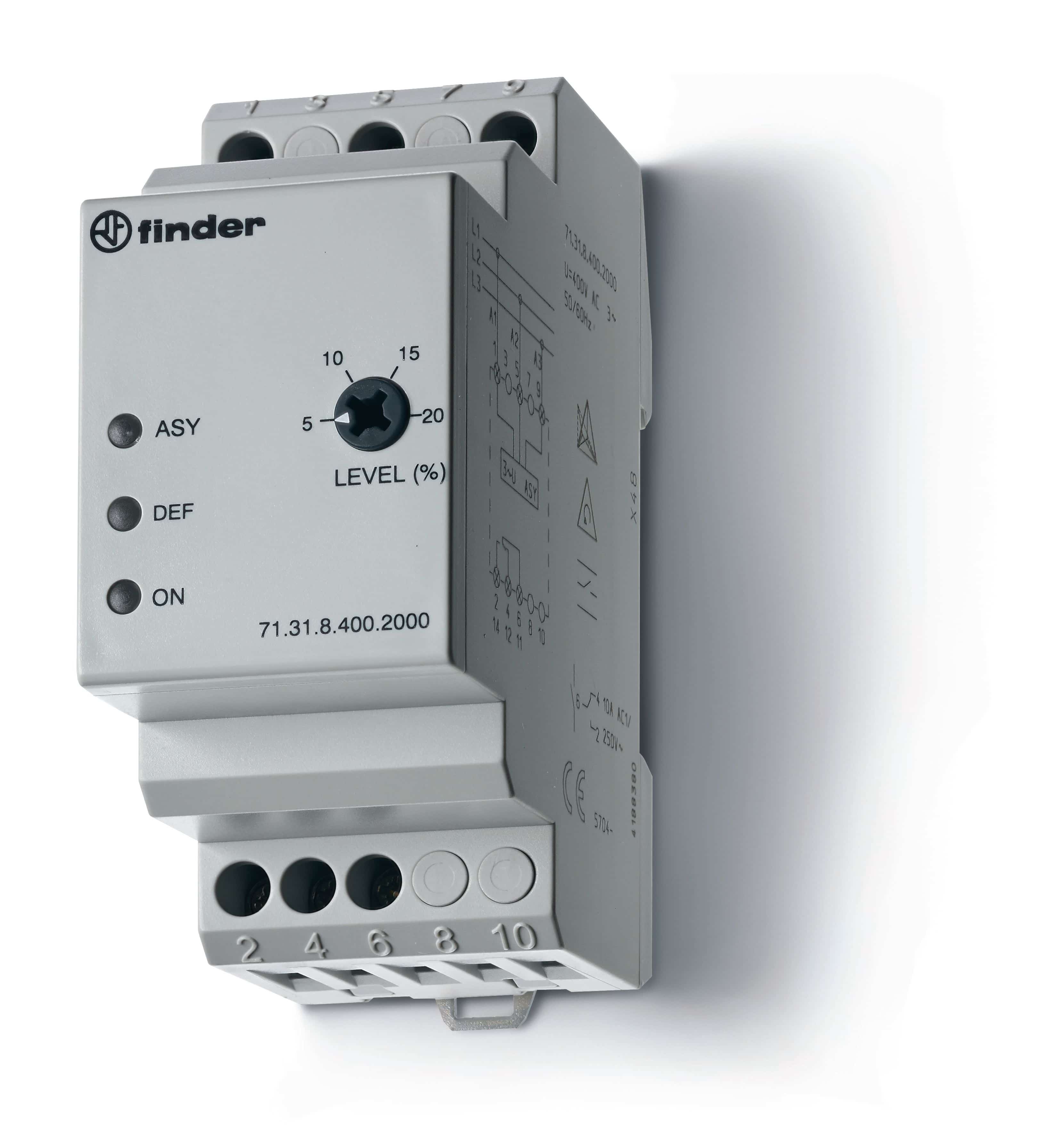 Изображение Finder Контрольное реле для 3-фазных сетей; обрыв/чередование/асимметрия фаз; настраиваемые диапазоны; выход 1CO 10А; модульное, ширина 35мм; степень