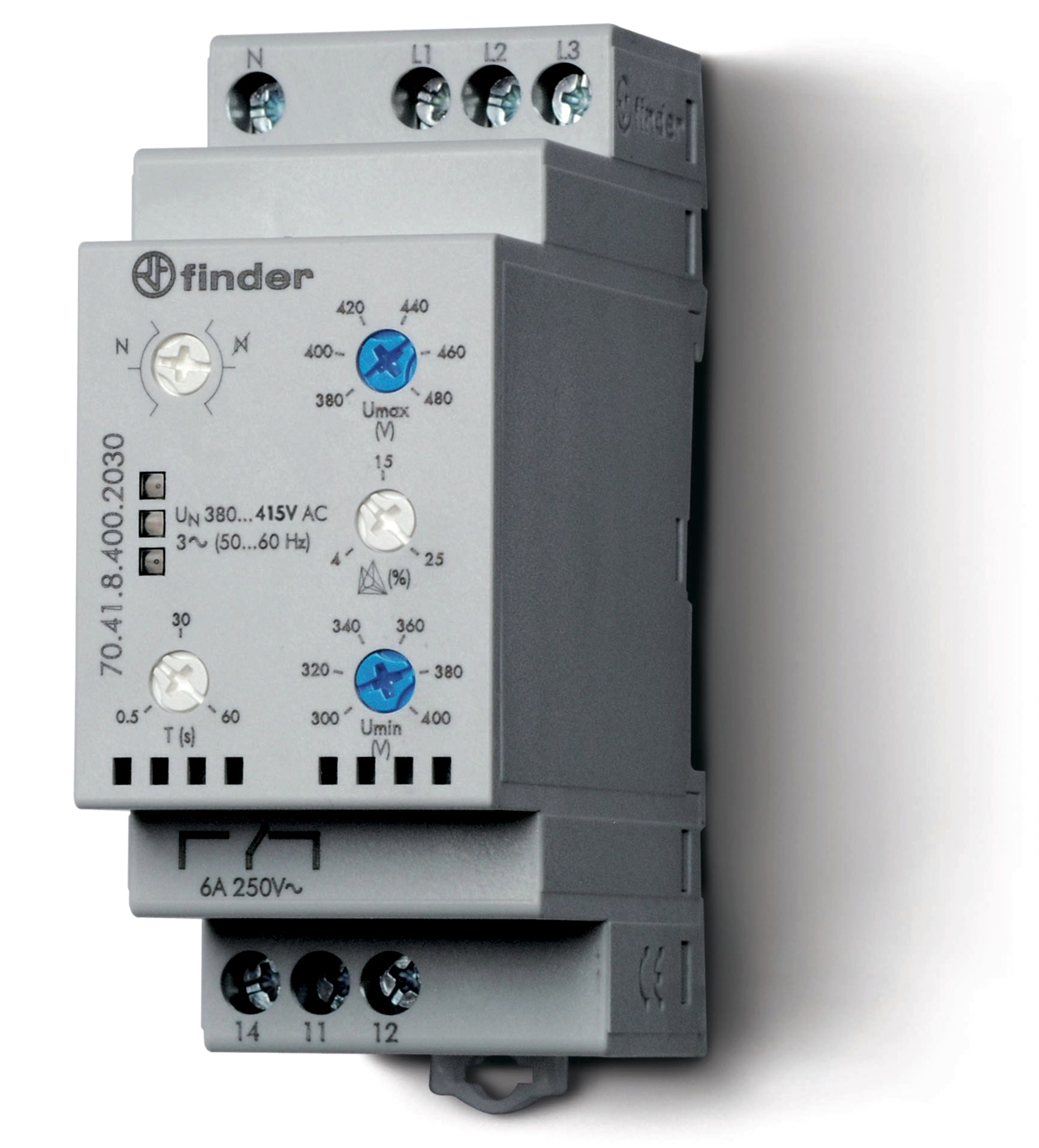 Изображение Finder Контрольное реле для 3-фазных сетей; пониженное/повышенное напряжение, обрыв/чередование/асимметрия фаз, контроль нейтрали, настраиваемые диапа