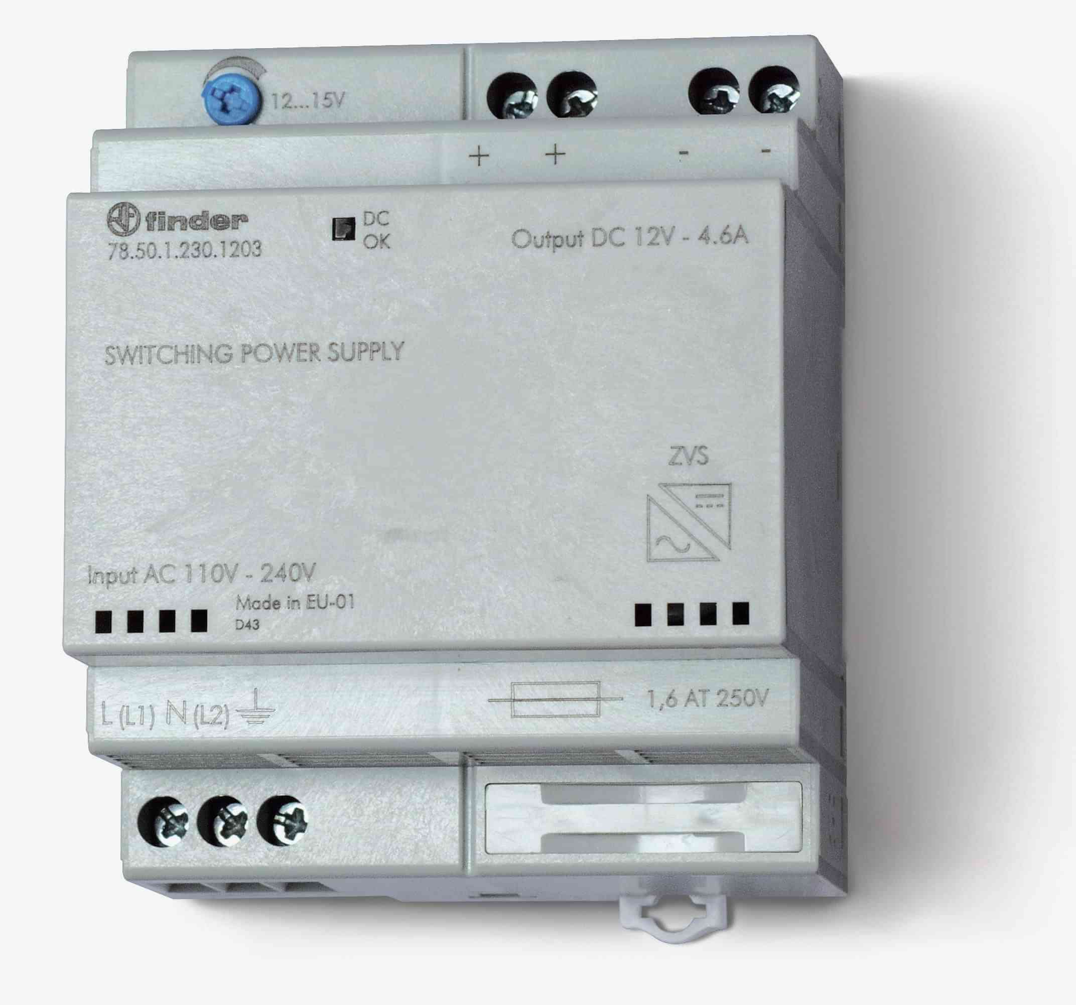 Изображение Finder Импульсный источник питания; вход 110...240В AC; выход 12В DC, 50Вт; модульный, ширина 70мм; предохранитель входой цепи; настройка выходного на