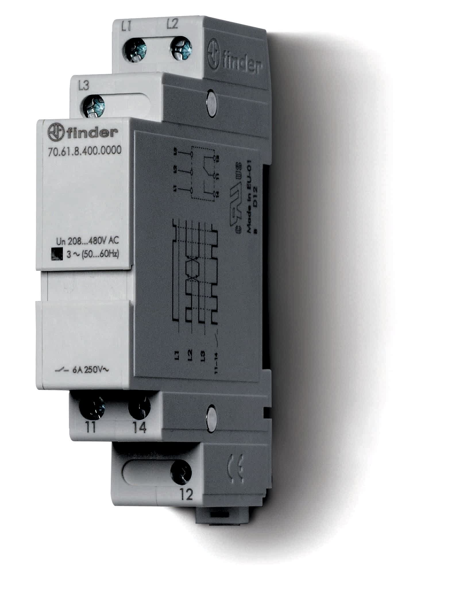 Изображение Finder Контрольное реле для 3-фазных сетей; обрыв/чередование фаз, фиксированные регулировки; выход 1CO 6А; модульное, ширина 17.5мм; степень защиты I