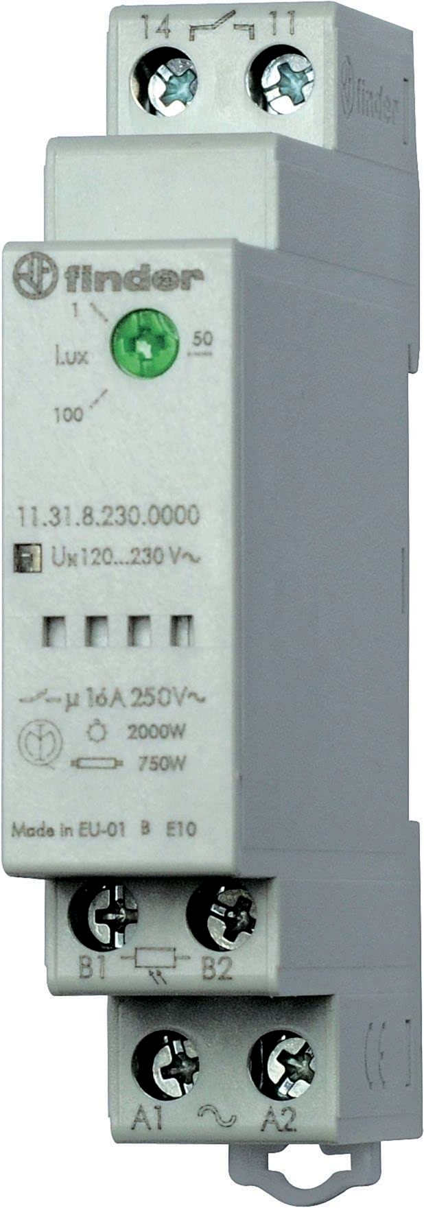 Изображение Finder Фотореле модульное с фотоэлементом 011.02; монтаж на рейку 35мм; 1NO 16A; питание 230В АC; настройка чувствит. 1…100люкс; ширина 17.5мм; степен
