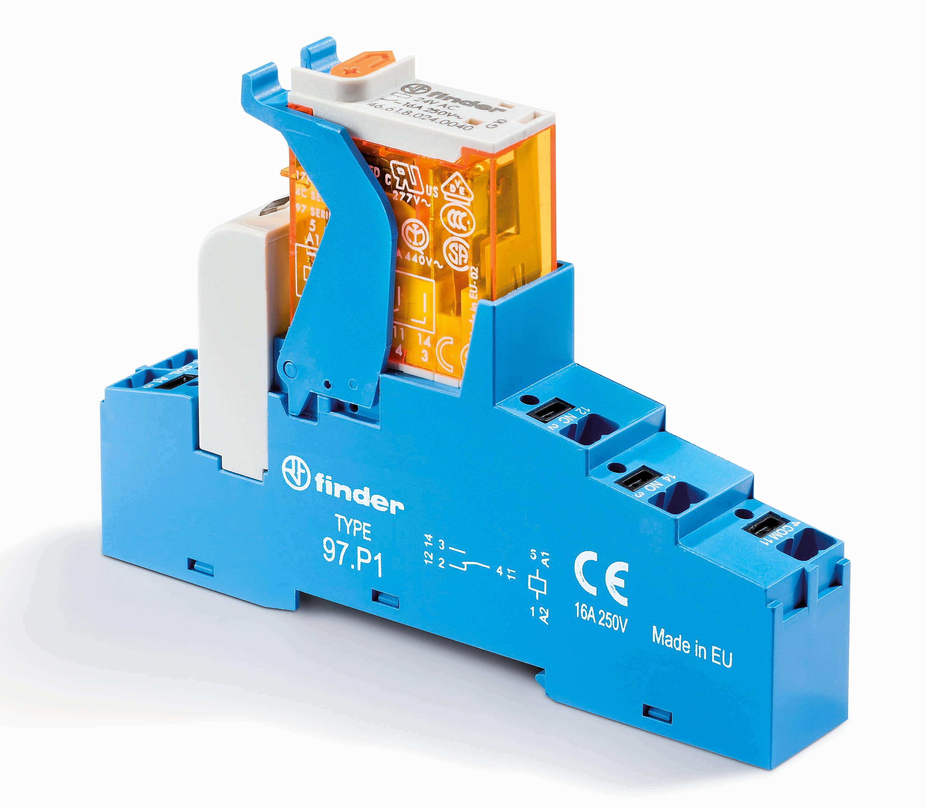 Изображение Finder Интерфейсный модуль (сборка 46.61.9.024.0040 + 99.02.9.024.99 + 97.P1SPA), электромеханическое реле; 1CO 16A; контакты AgNi; питание 24В DC; ка