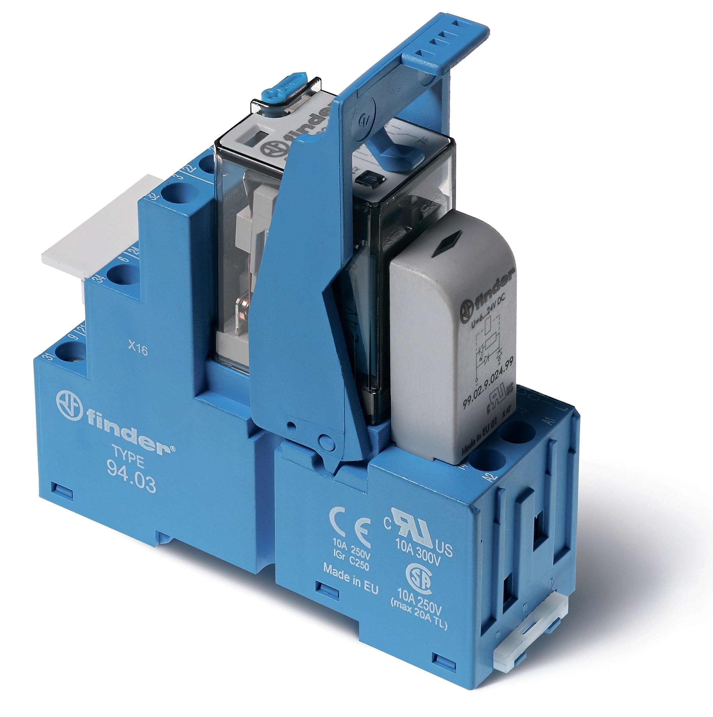 Изображение Finder Интерфейсный модуль (сборка 55.33.9.024.0010 + 99.02.9.024.99 + 94.03SPA), электромеханическое реле; 3CO 10A; контакты AgNi; питание 24В DC; ка