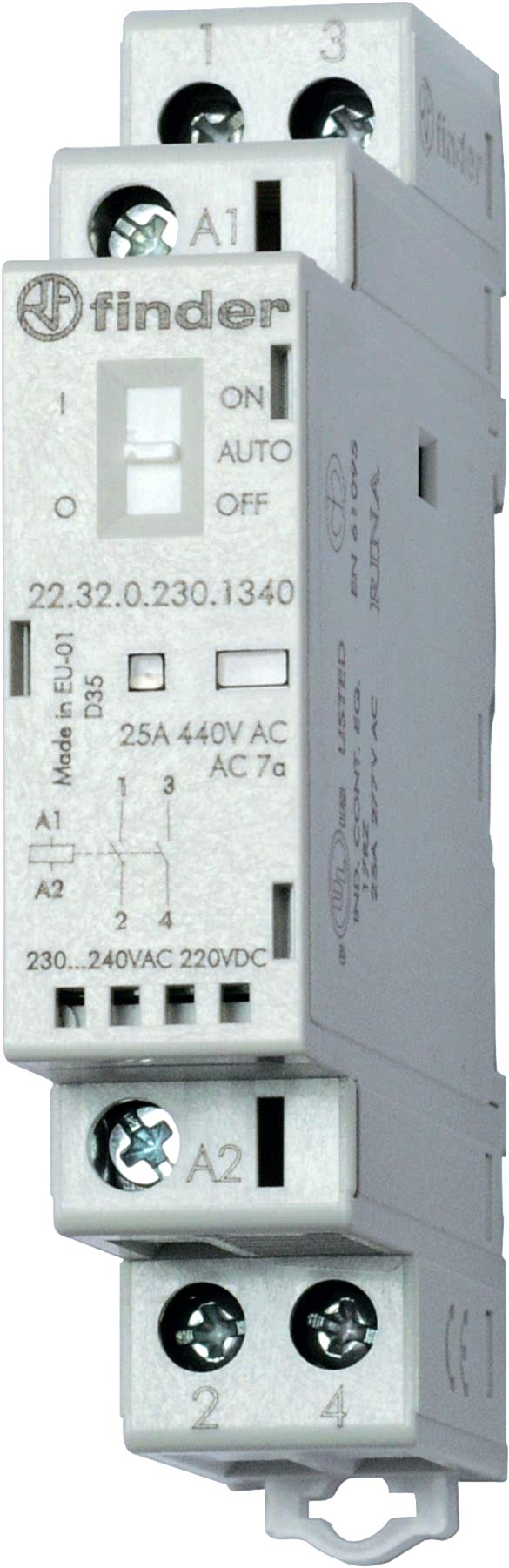 Изображение Finder Модульный контактор; 2NO 25А; контакты AgSnO2; катушка 12В АС/DC; ширина 17.5мм; степень защиты IP20; опции: переключатель Авто-Вкл-Выкл + мех.