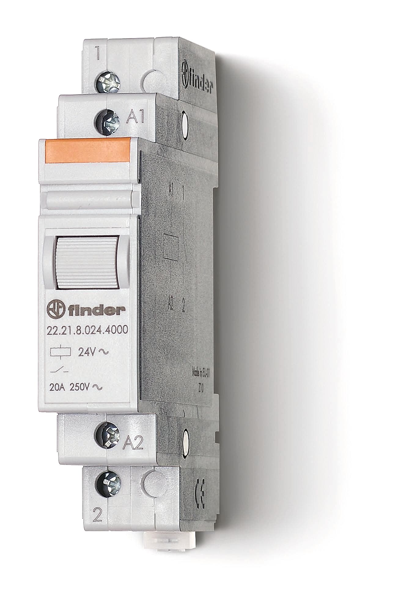 Изображение Finder Модульный контактор; 1NO 20А; контакты AgSnO2; катушка 24В DС; ширина 17.5мм; степень защиты IP20; опции: нет; упаковка 1шт.