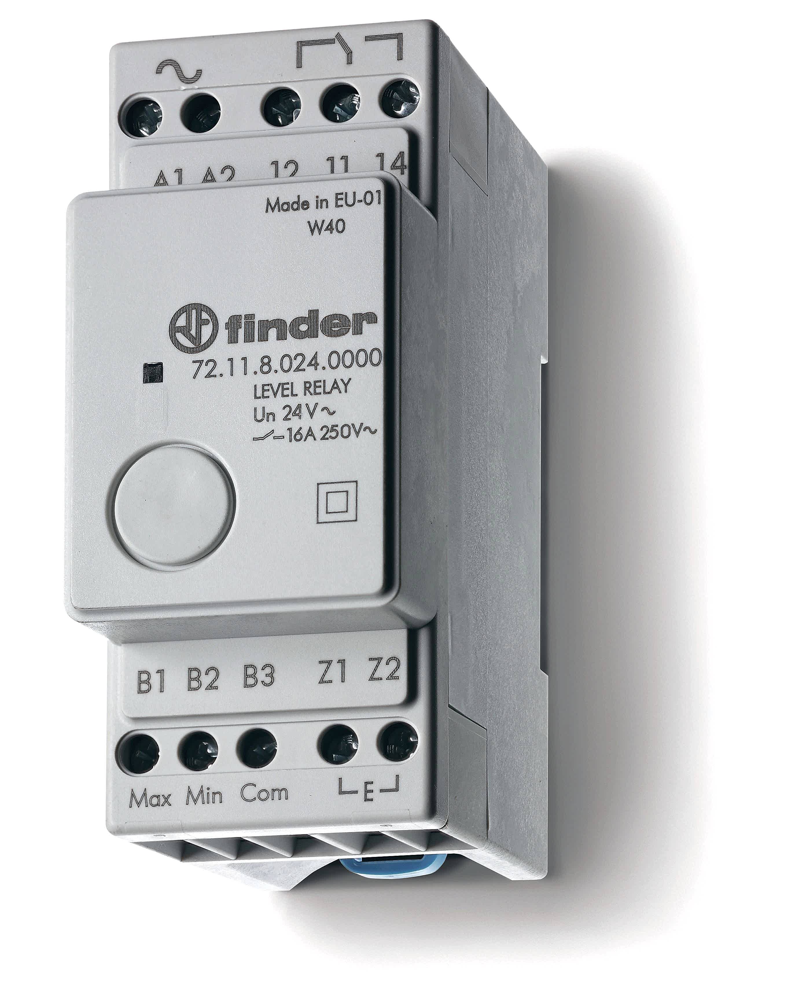 Изображение Finder Реле контроля уровня; фиксированный диапазон чувствительности 150кОм; питание 24В AC; выход 1CO 16А; модульное, ширина 35мм; степень защиты IP2