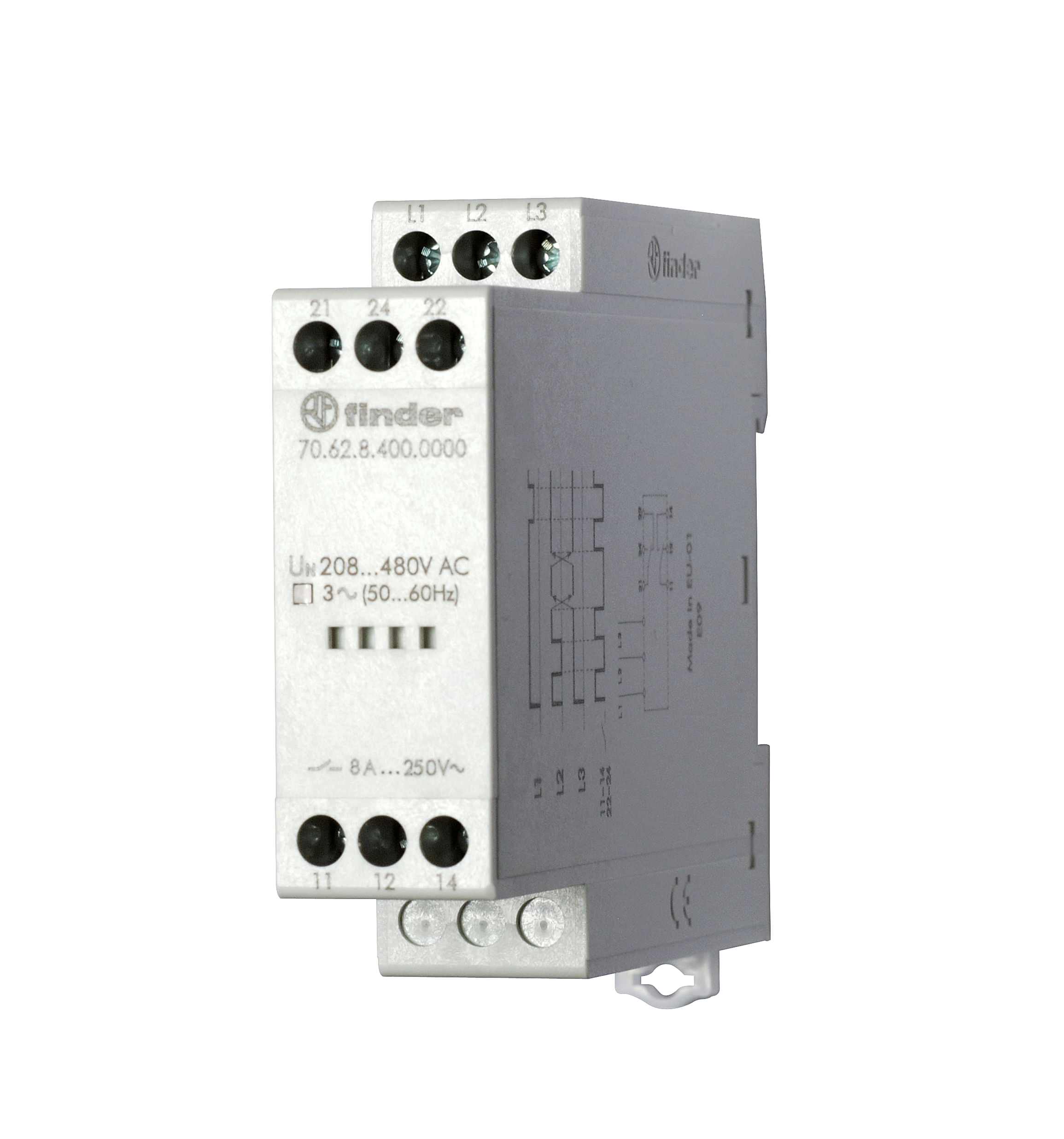 Изображение Finder Контрольное реле для 3-фазных сетей; обрыв/чередование фаз, фиксированные регулировки; выход 2CO 8А; модульное, ширина 22.5мм; степень защиты I
