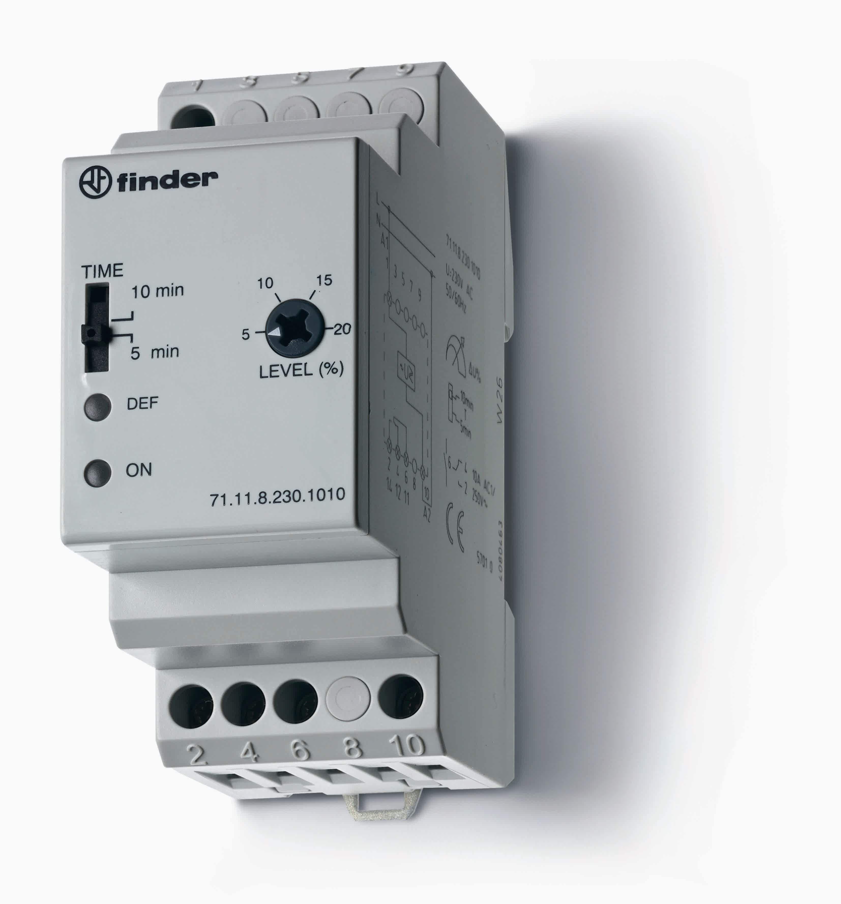 Изображение Finder Контрольное реле для 1-фазных сетей; пониженное/повышенное напряжение; настраиваемые симметричные диапазоны; выход 1CO 10А; модульное, ширина 3