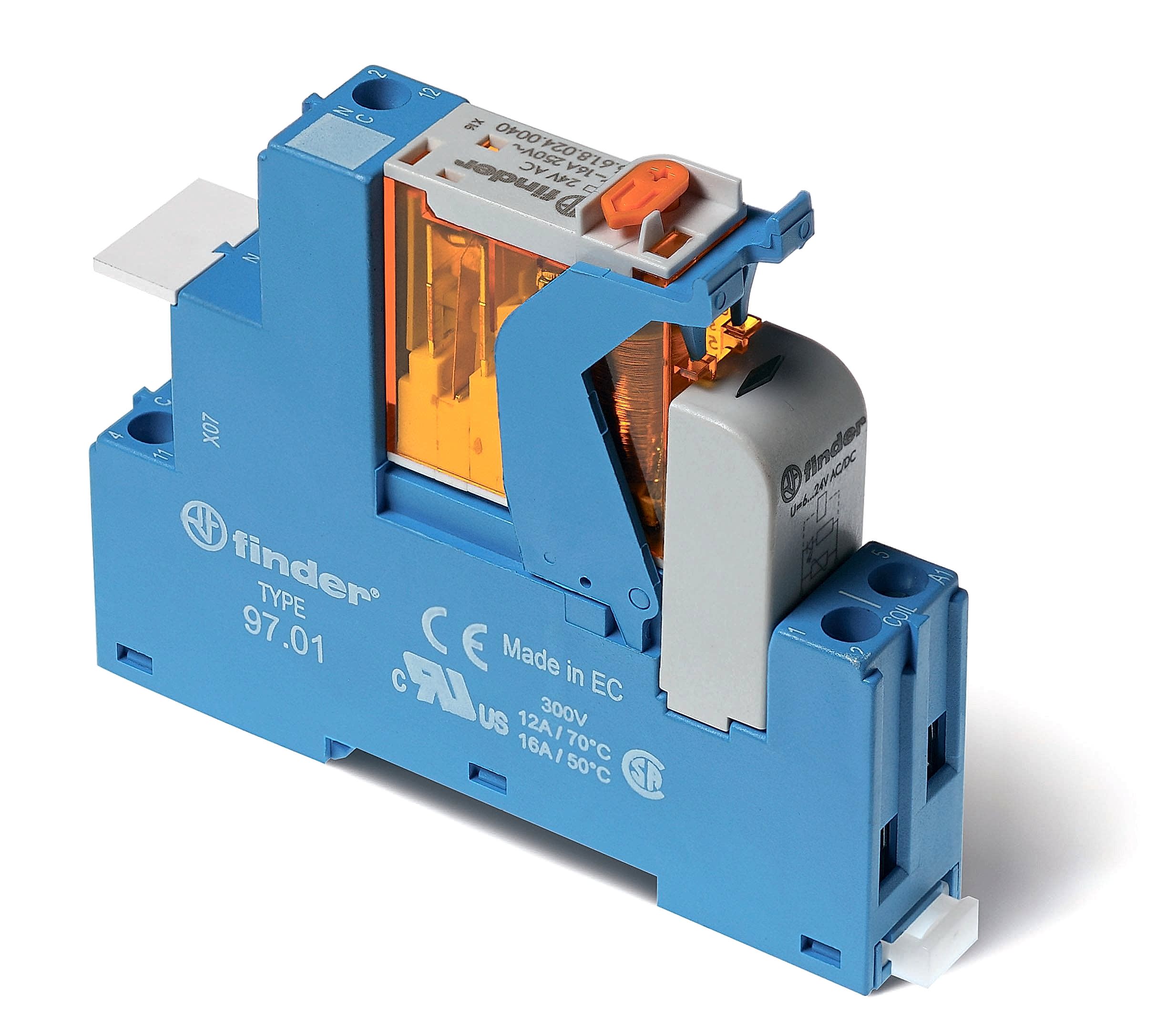 Изображение Finder Интерфейсный модуль (сборка 46.61.8.024.0040 + 99.02.0.024.98 + 97.01SPA), электромеханическое реле; 1CO 16A; контакты AgNi; питание 24В AC; ка