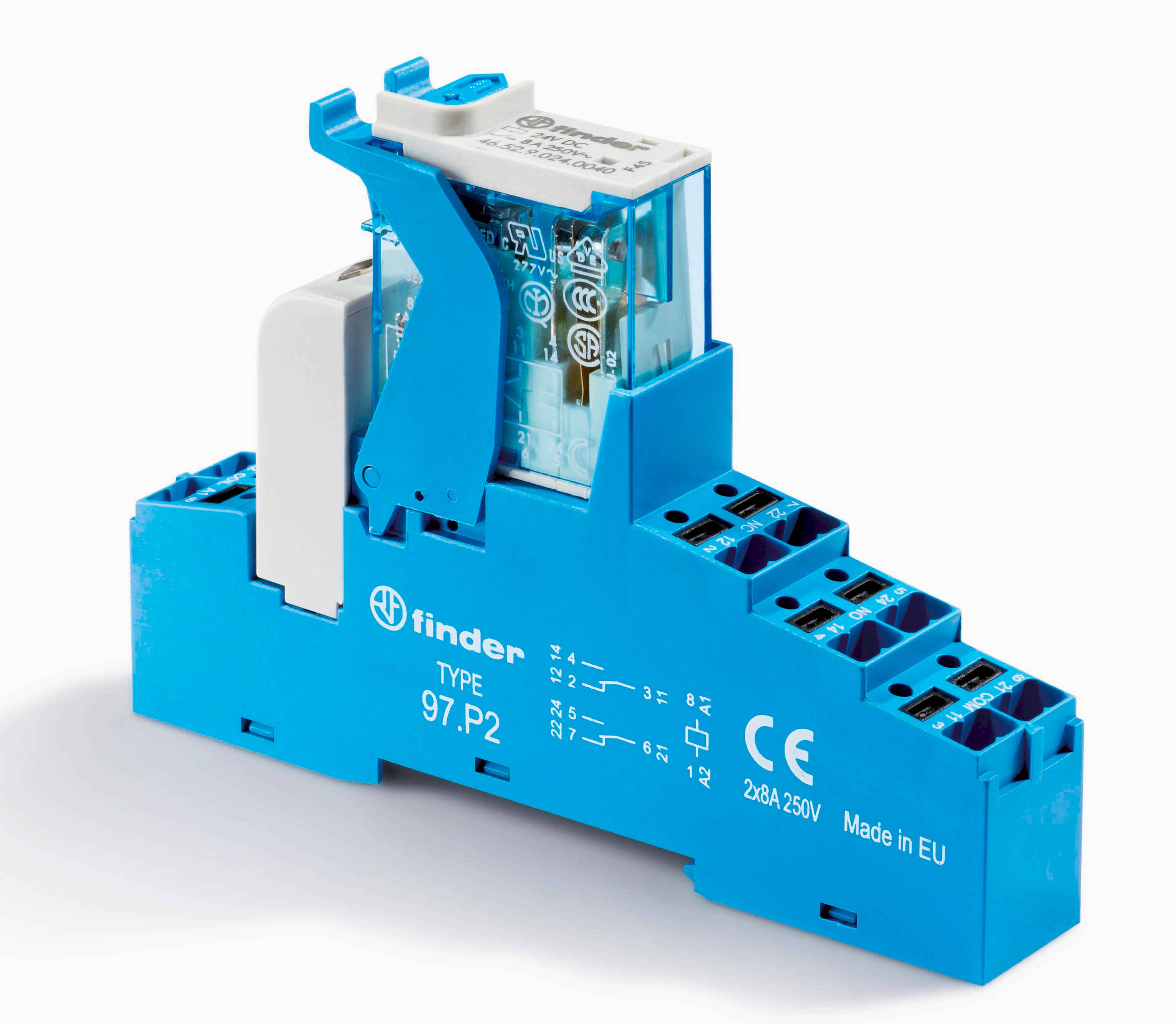 Изображение Finder Интерфейсный модуль (сборка 46.52.8.230.0040 + 99.02.0.230.98 + 97.P2SPA), электромеханическое реле; 2CO 8A; контакты AgNi; питание 230В AC; ка