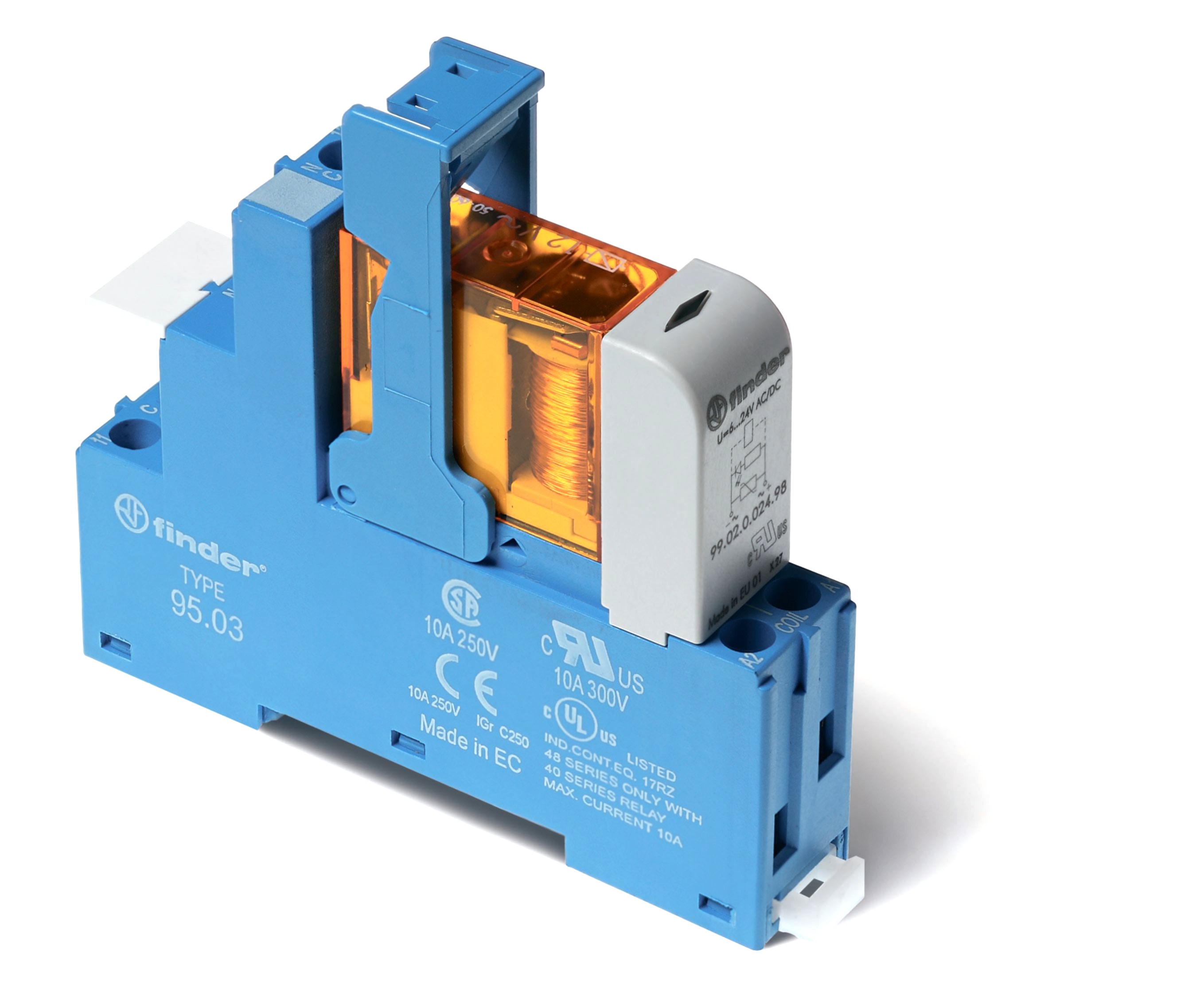 Изображение Finder Интерфейсный модуль (сборка 40.31.8.230.0000 + 99.02.0.230.98 + 95.03SPA), электромеханическое реле; 1CO 10A; контакты AgNi; питание 230В AC; к