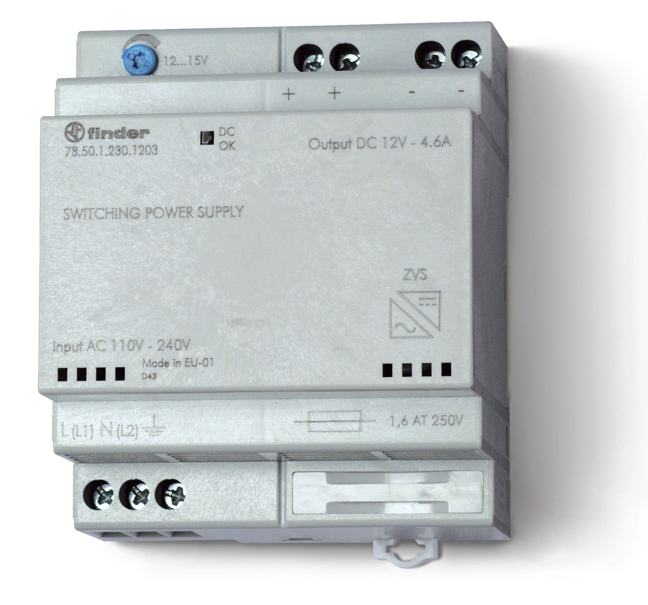 Изображение Finder Импульсный источник питания; вход 110...240В AC; выход 12В DC, 50Вт; модульный, ширина 70мм; предохранитель входой цепи; настройка выходного на
