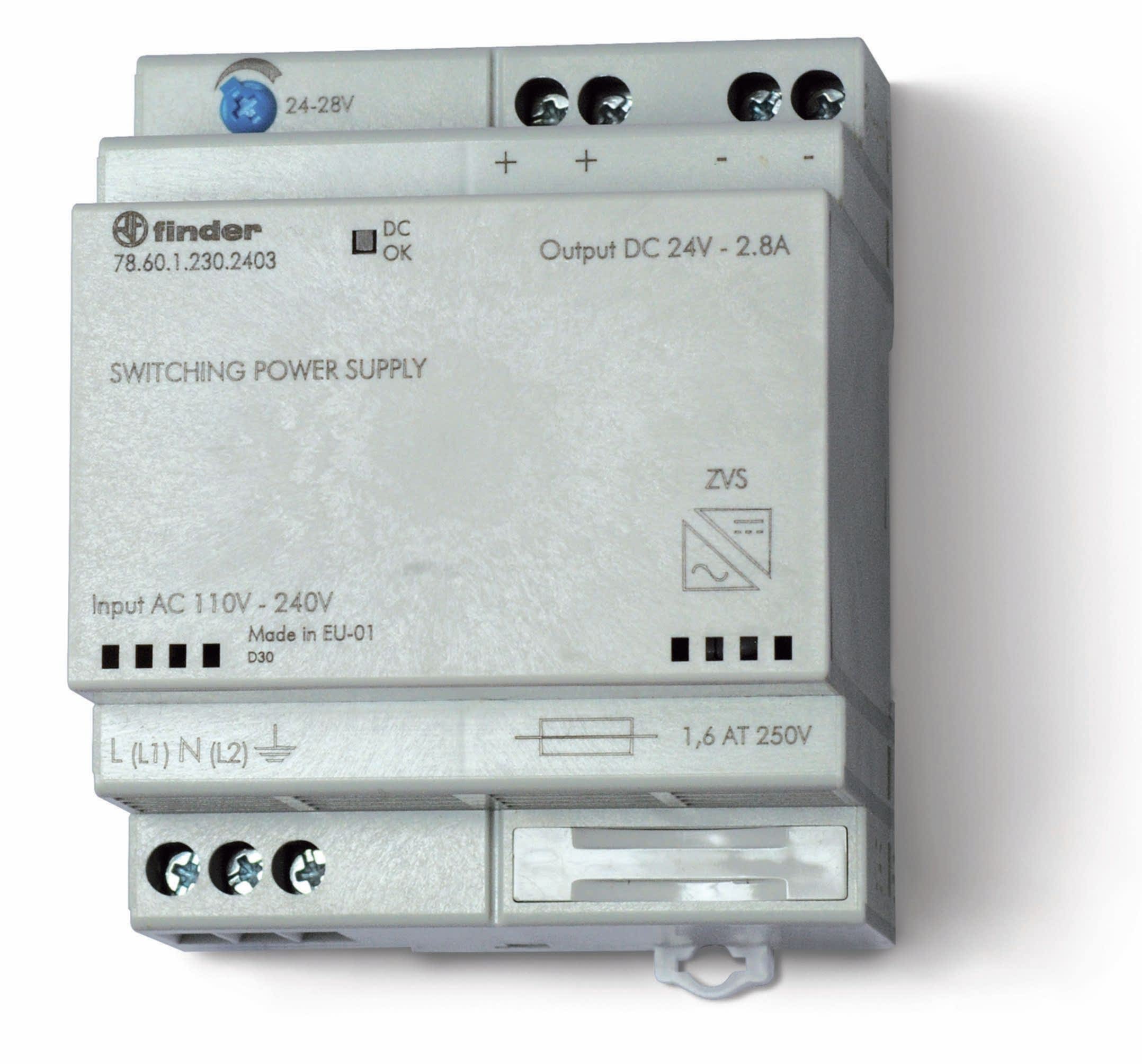 Изображение Finder Импульсный источник питания; вход 110...240В AC; выход 24В DC, 60Вт; модульный, ширина 70мм; предохранитель входой цепи; настройка выходного на