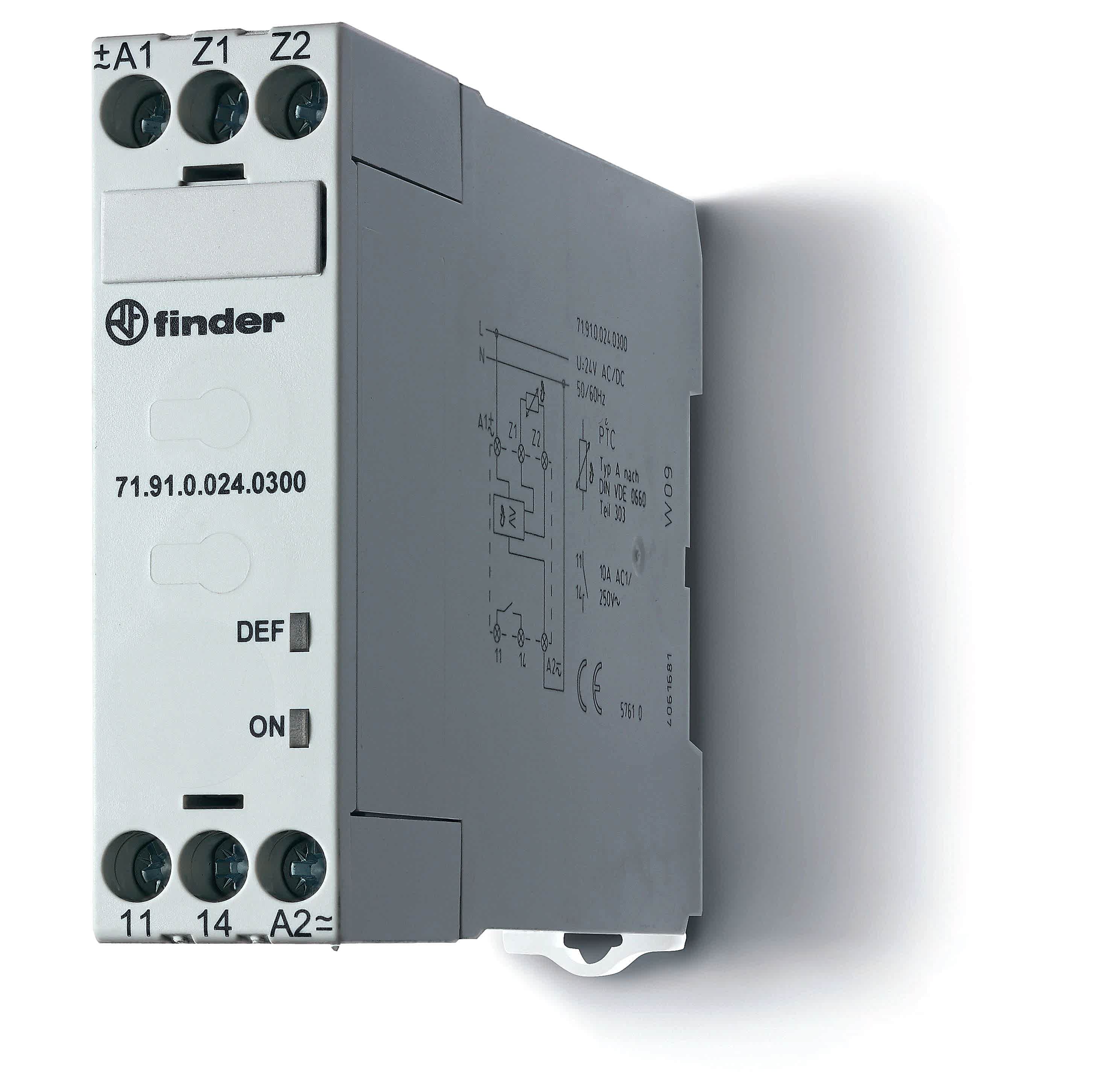 Изображение Finder Термисторное реле (PTC); без памяти отказов; питание 230В АС; выход 1NO 10A; ширина 22.5мм; степень защиты IP20; упаковка 1шт.