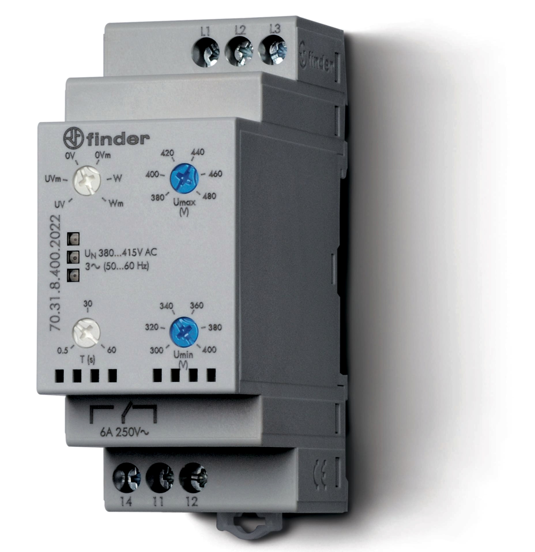 Изображение Finder Контрольное реле для 3-фазных сетей; пониженное/повышенное напряжение, обрыв/чередование фаз, настраиваемые диапазоны; выход 1CO 6А; модульное,