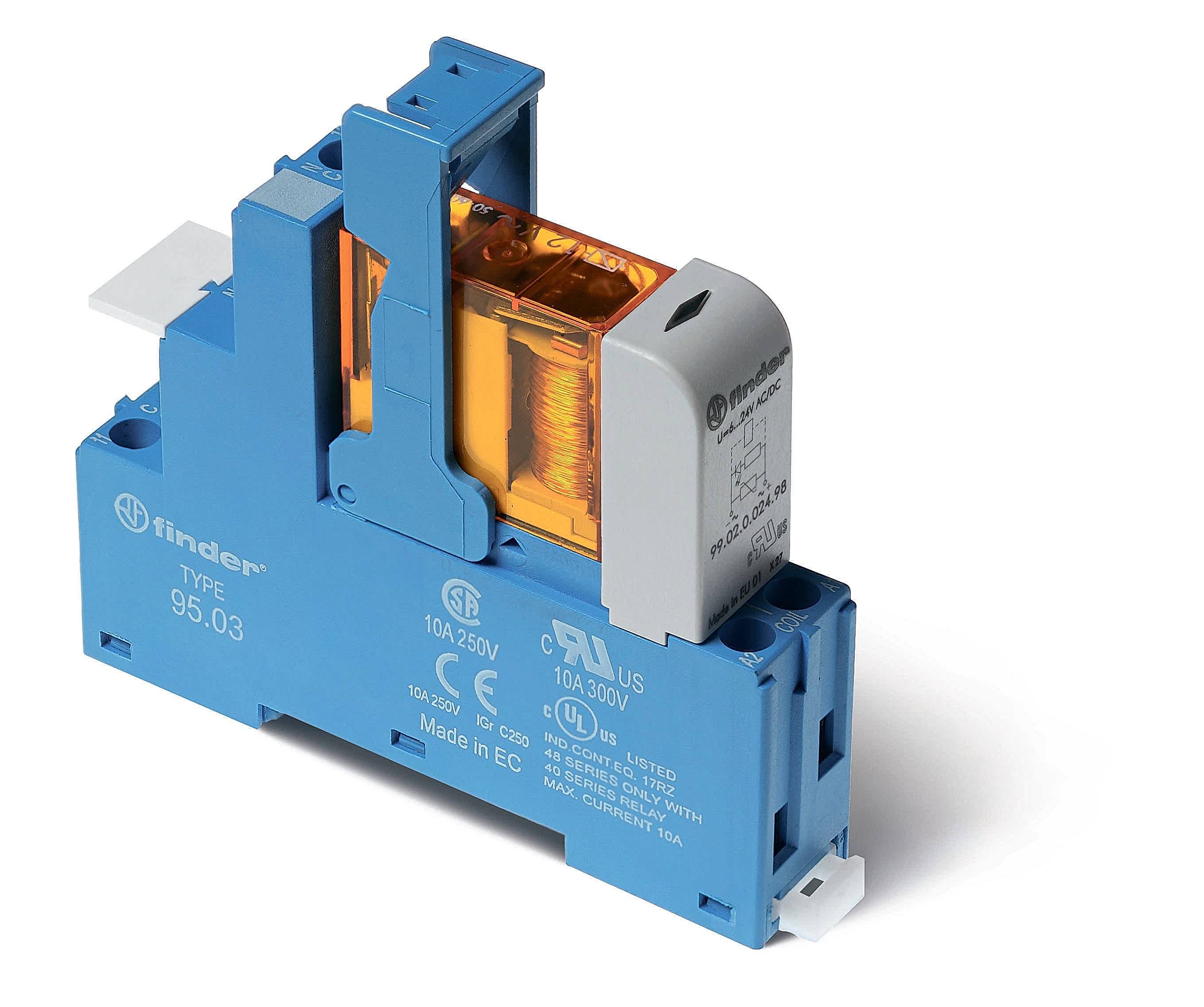 Изображение Finder Интерфейсный модуль (сборка 40.31.8.120.0000 + 99.02.0.230.98 + 95.03SPA), электромеханическое реле; 1CO 10A; контакты AgNi; питание 120В AC; к